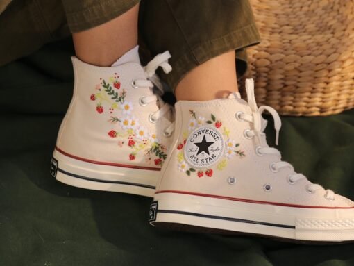 Strawberry Converse Shoes, 1970s Converse High Top Chuck Taylor Shoes Embroidered